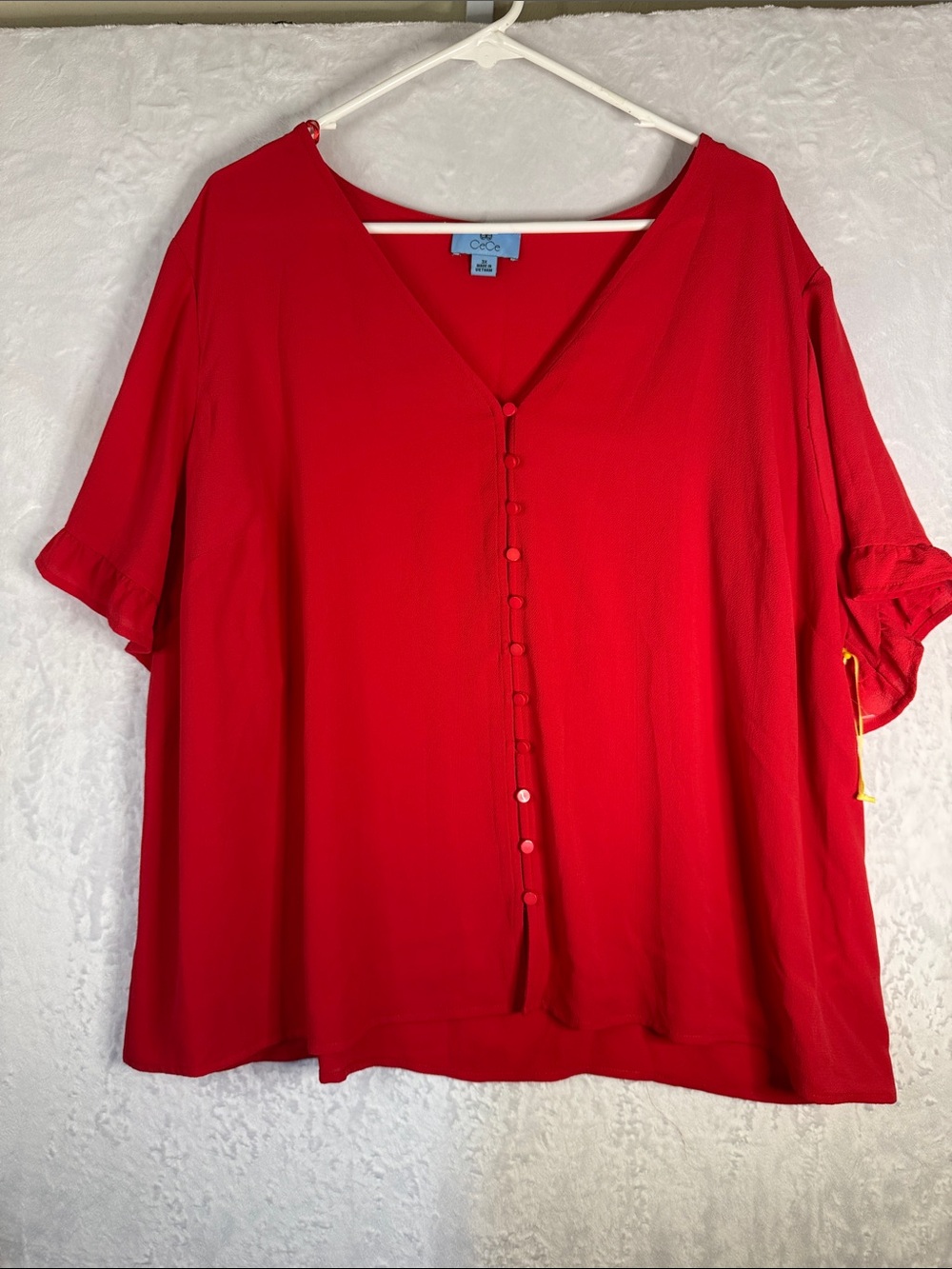 CeCe Bright Red V-Neck Button-Front Blouse 3X